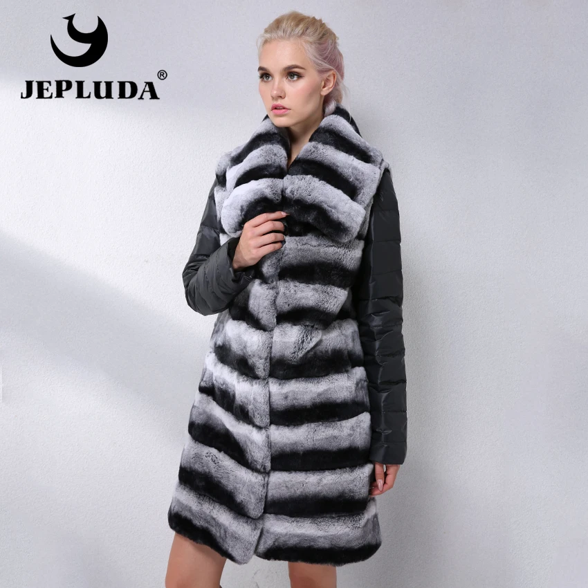 JEPLUDA Шуба натуральный Мех Кролика Шиншилла с Рукавами Съемными