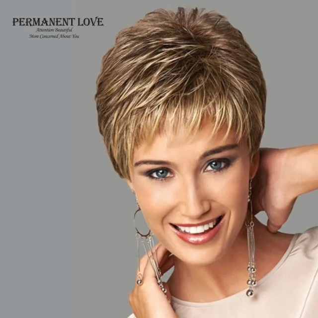 Womens Synthetic Short Wigs Pixie Cut Hairstyle Blonde Bangs Dark