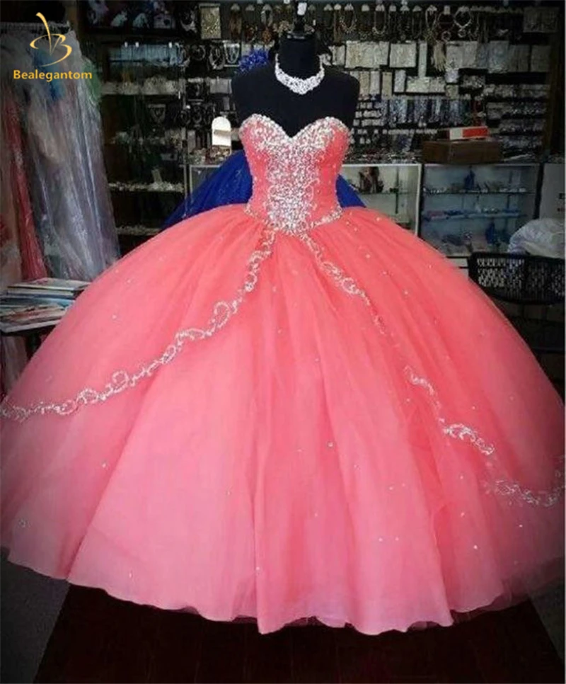 Бисером розовые платья Quinceanera бальное платье, кружевное 16 платья светится в течение 15 лет Формальное праздничное платье QA1257