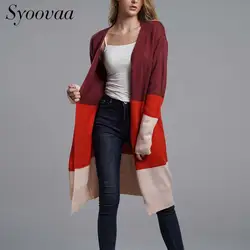 Syoovaa Для женщин кардиган в полоску в стиле пэчворк с длинными рукавами длинный вязаный кардиган свободные осень-зима Для женщин свитер Oversize