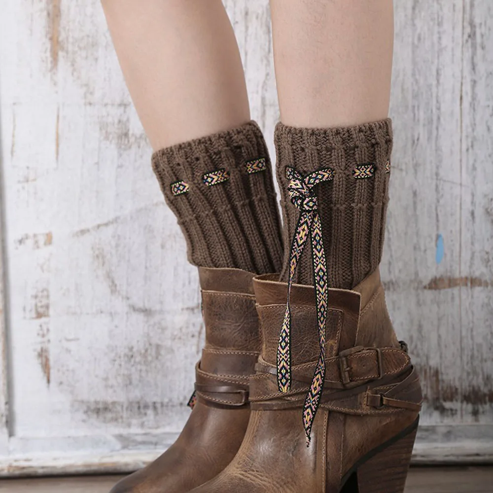 Winter Lady Boots Toppers Knitted Leg Warmers for Women Lace Rope Boot Cuffs Off Leg Warmerin