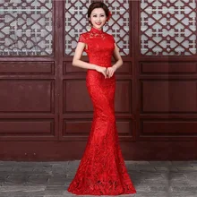 Red Lace Cheongsam Long Qipao Chinese Traditional Wedding Dress Mermaid Evening Gown Oriental Party Dresses Robe Chinoise Modern