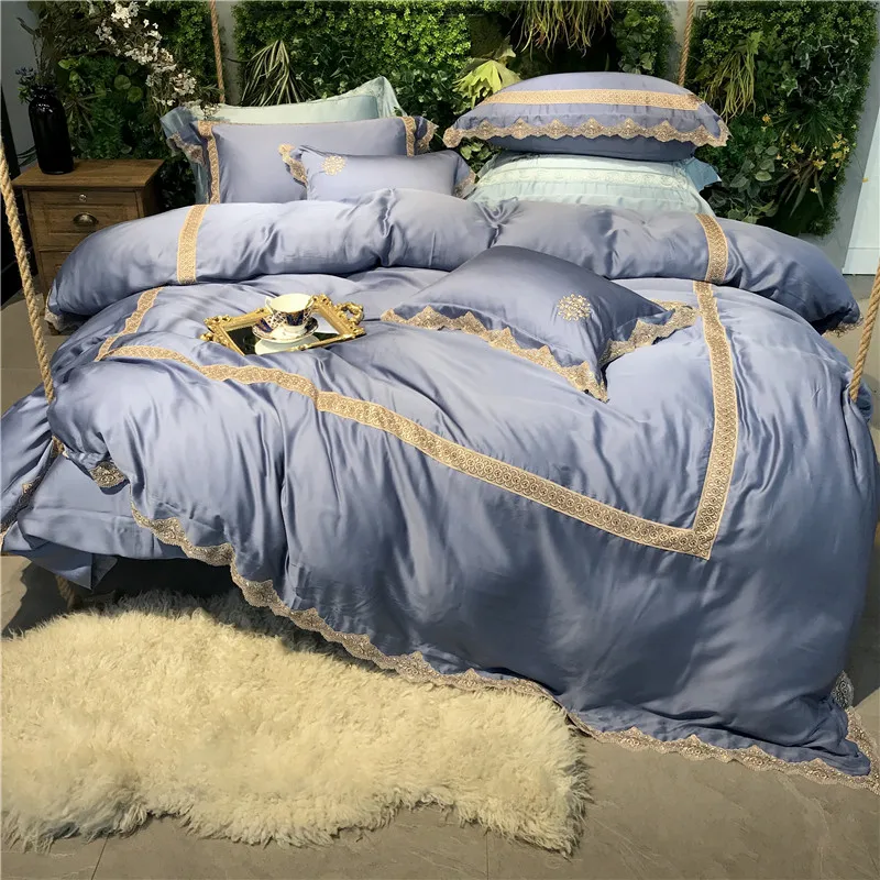 

Luxury Embroidery 100S Tencel Silk Light blue Bedding Set Lace Duvet Cover Bed Linen Bed sheet Pillowcase Queen King Size 4/5Pcs
