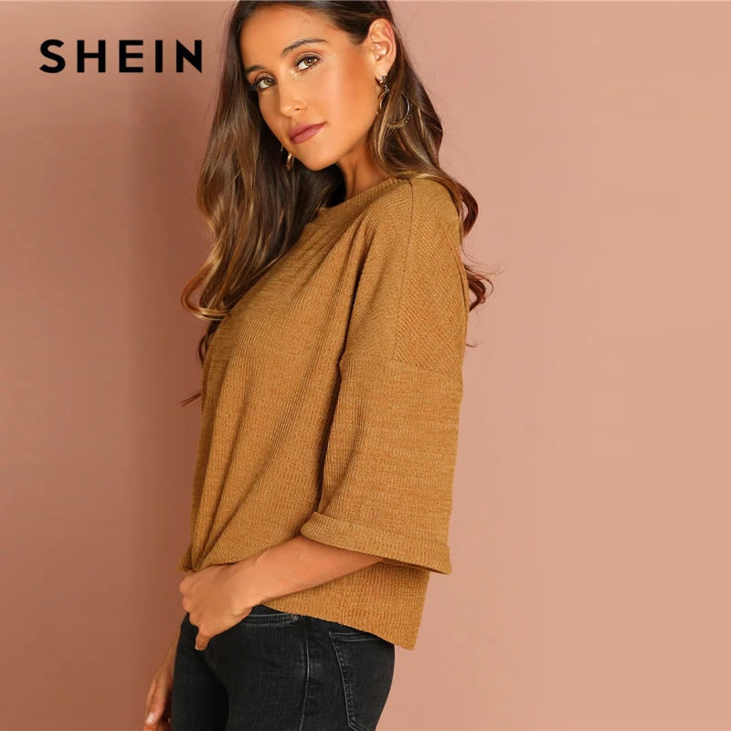 SHEIN Однотонный Джемпер С Заниженной Линией Плеч, Повседневный Женский Топ С длинным Рукавом