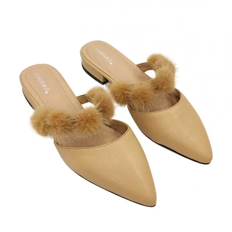 

Cover Toe Slippers Fur Women Heels Slides Women's Shoes 2019 Heeled Mules Shallow Plush High Sliders Flat Thin New Pointed