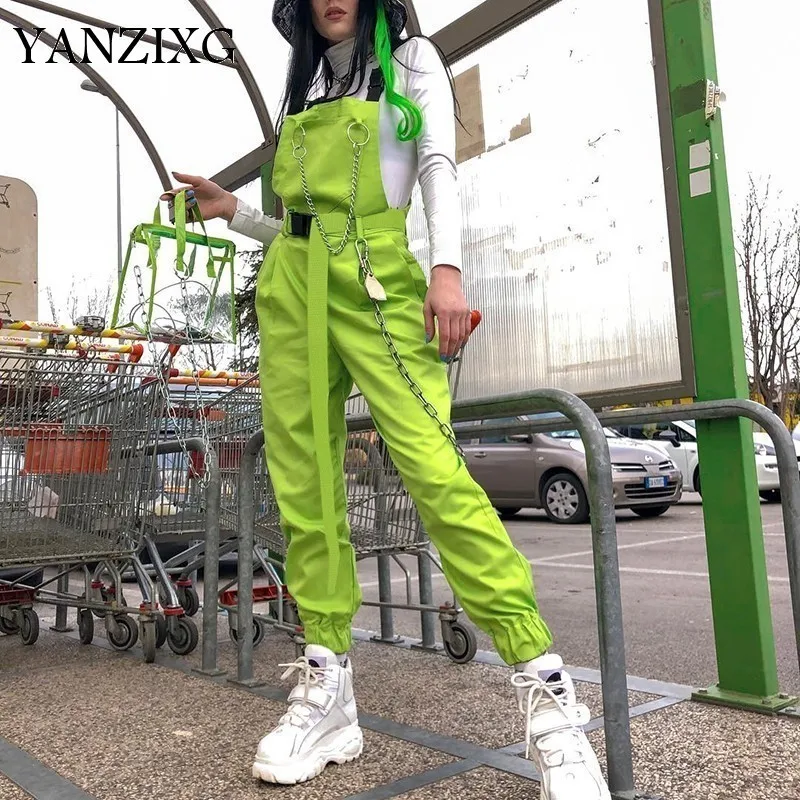 

Women 2019 Summer Fluorescent Green Street Strap Bodysuit Black Metal Chain Patchwork Backless Female Rompers Jumpsuit A376