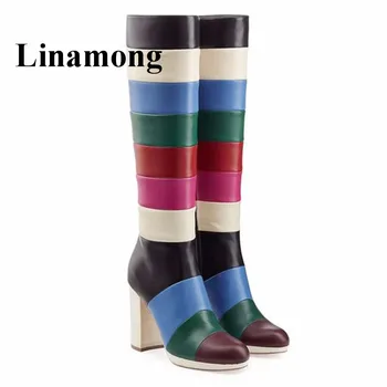 

2018 Newest Fashion Mixed Colors Long Tube Round Toe Square Heel Winter Side Zipper Two Style Normal Size