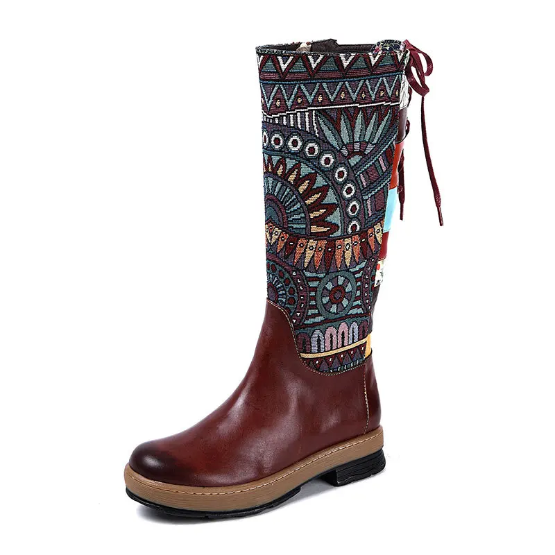 

2018 autumn and winter national wind embroidered high boots female leather boots color matching lace large size