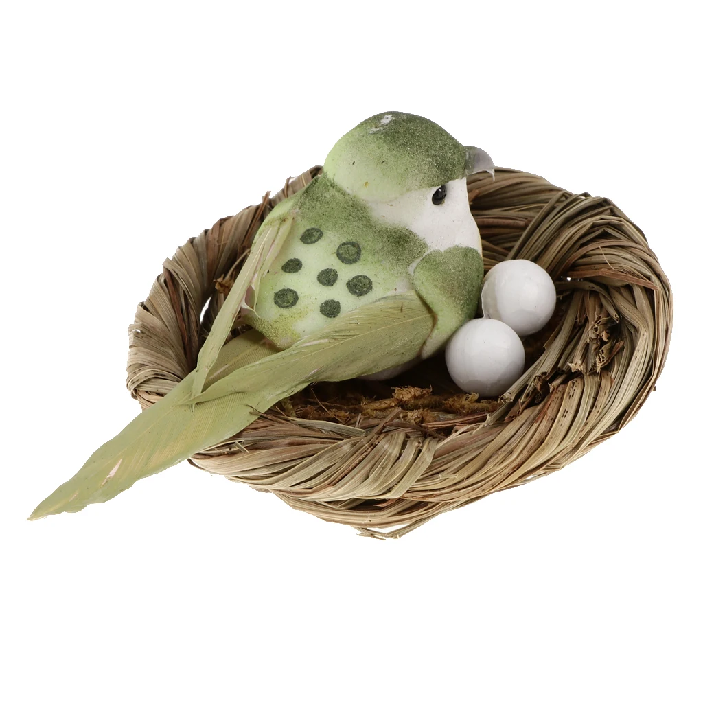 Mini Feather Foam Bird Artificial Hay Bird Nest & Birds Eggs for Indoor Outdoor Plant Ornament Yard Garden Decor