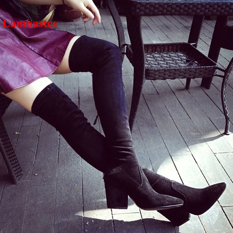 

Black Flock Suede Zipper Stretch Fabric Over-the knee Women Boots Spring Autumn Pointed Toe Botas Femeninas Party Solid Bottes