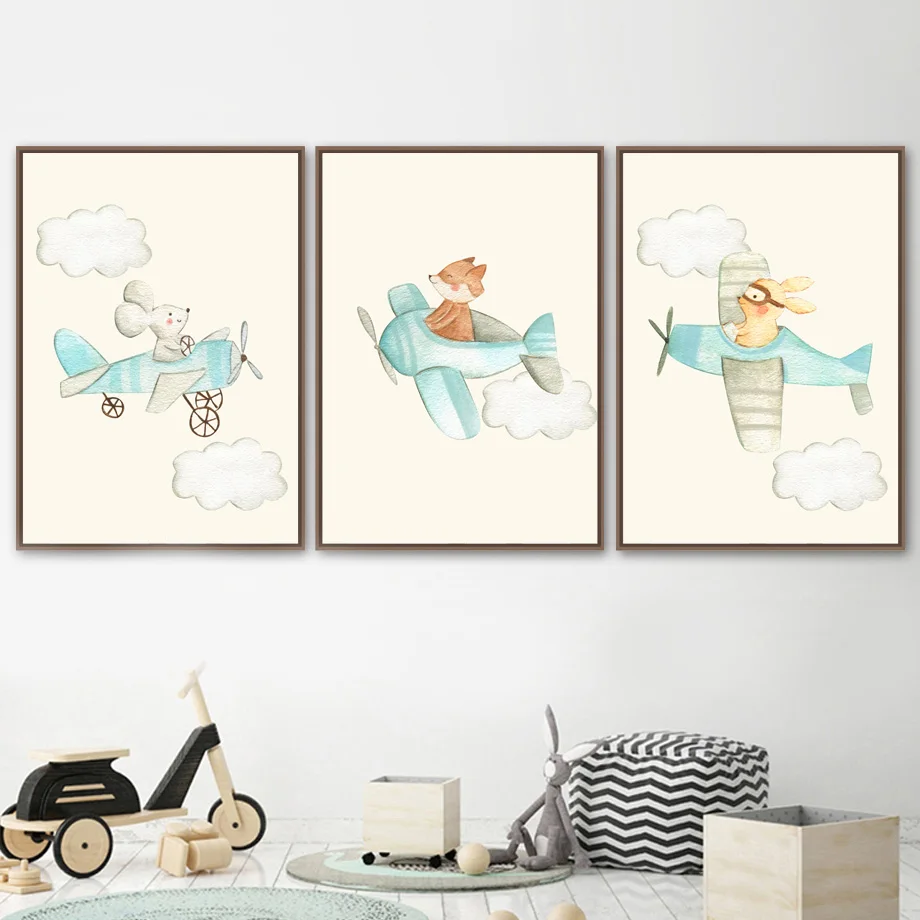 

Cartoon Plane Mouse Rabbit Fox Cloud Wall Art Canvas Painting Nordic Posters And Prints Nursery Wall Pictures Kids Room Decor