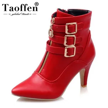 

TAOFFEN Size 33-45 Sexy Ladies High Heel Boots Women Zipper Pointed Toe Metal Buckle Thin Heels Boot Warm Winter Female Botas