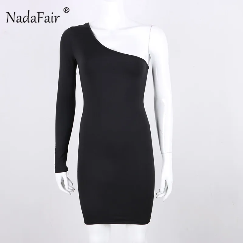 Nadafair/пикантные Клубные Вечерние платья на одно плечо, облегающее летнее женское платье с длинным рукавом, стрейчевое черно-белое повседневное мини-платье с запахом красного цвета