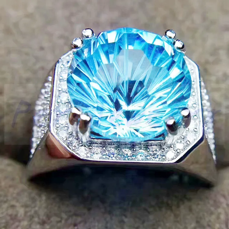 Мужское кольцо, кольцо с натуральным голубым топазом,, натуральный настоящий голубой топаз, серебро 925 пробы, 9.5CT драгоценный камень, хорошее ювелирное изделие# SL18080215