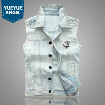 

Mens Spring Summer Jackets Turn-down Collar Hole Ripped Jeans Vest Slim Fit Washed Waistcoat for Men Hip Hop Outwear Tops Male