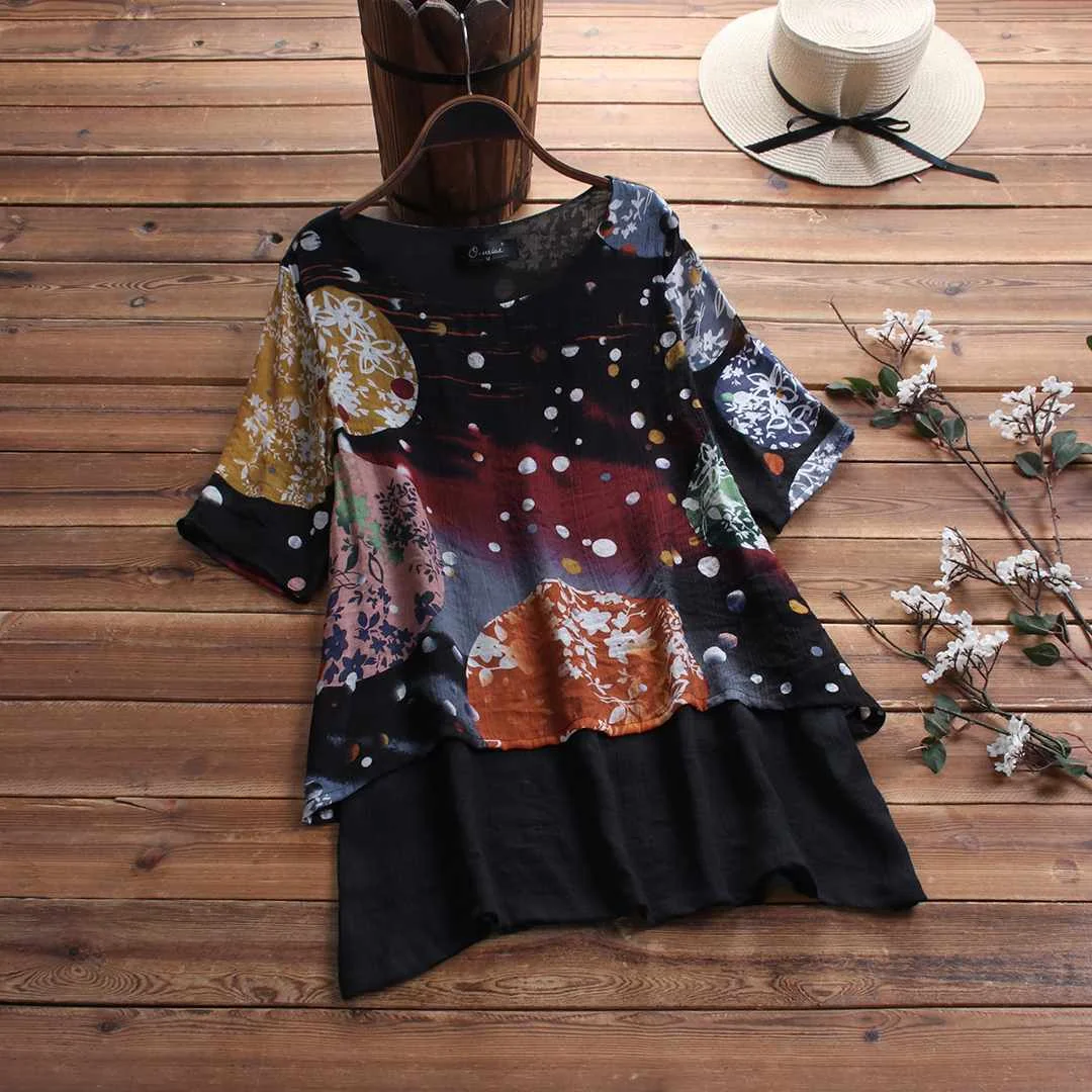ZANZEA женская летняя рубашка с коротким рукавом, Повседневная винтажная блузка с цветочным принтом, туника, топы, сорочка, Blusas Femininas - Цвет: Черный