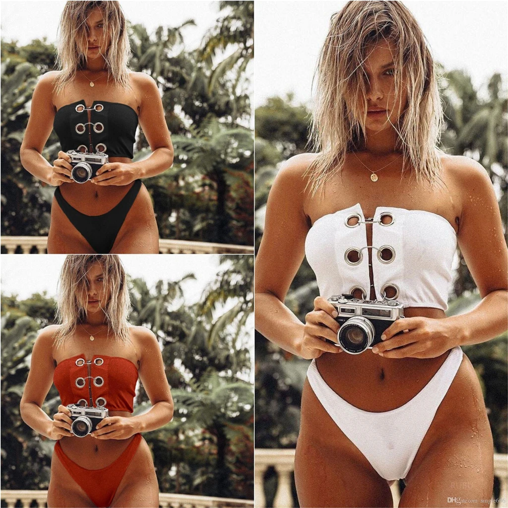 

2019 White Bandeau Swimsuit Women Iron Ring Push-Up Swimwear Sexy Hollow Out Bikinis Thong Bikini Set Push Up Mujer Beachwear