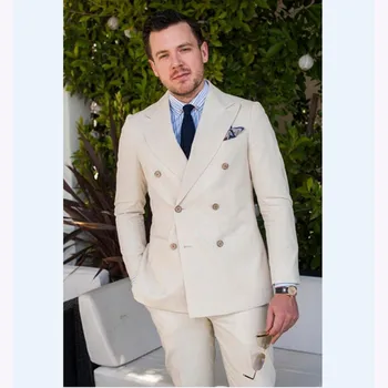 

Double Breasted Beige Groomsmen Tuxedos Elegant Best Man Wedding men suit Mens Casual Prom Party Suits 2018 (Jacket+Pants+Tie)