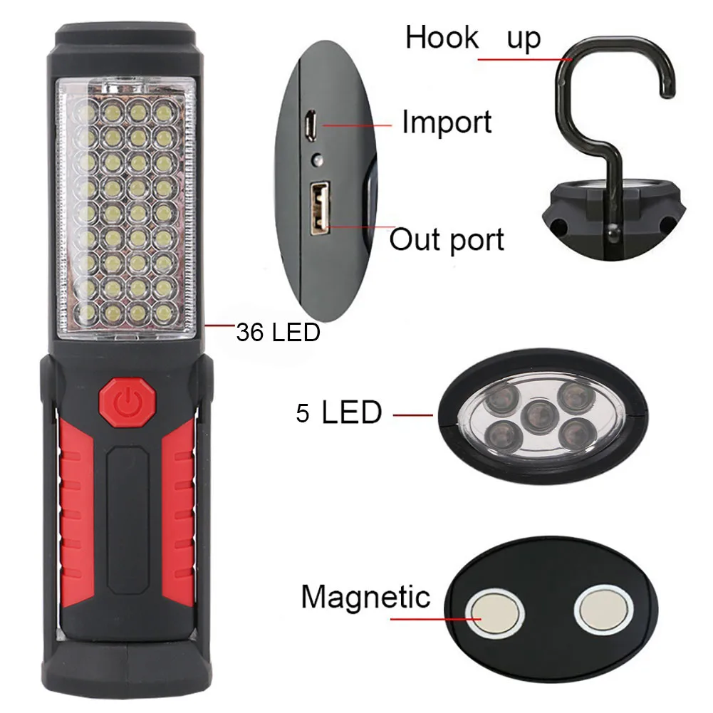 36+5LED COB LED Work light USB Rechargeable Flashlight Torch Lantern Camping Work Lamp Built-in Battery Magnet Hook