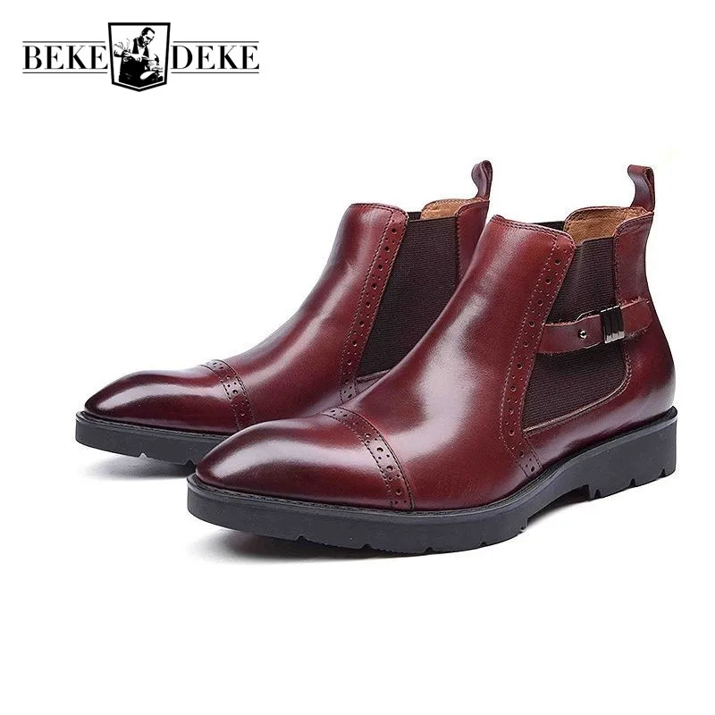

New High Quality Pointed Toe Genuine Leather Mens Chelsea Boots Thick Platform Punk Ankle Knight Boots Casual Shoes Man Footwear