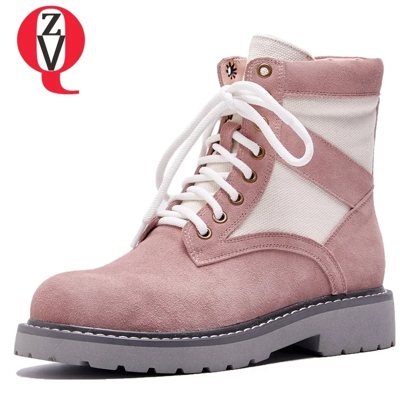 

ZVQ women shoes 2018 winter newest fashion mixed colors cow suede low square heel round toe lace-up black and pink ankle boots
