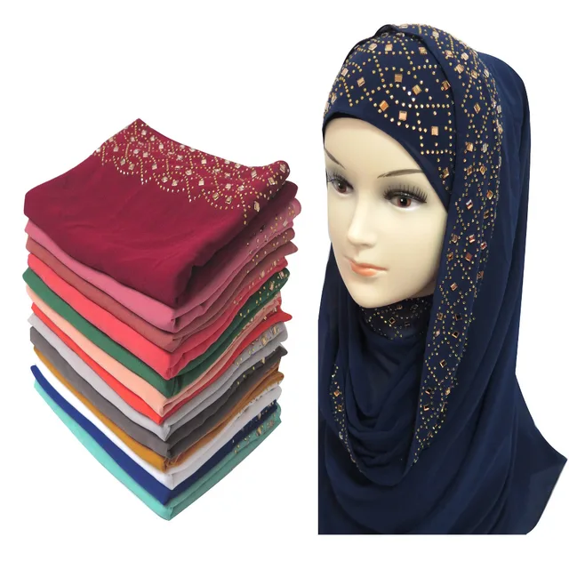 10pcs/lot Shiny Gold Rhinestones Bubble Chiffon Hijab Scarf Muslim