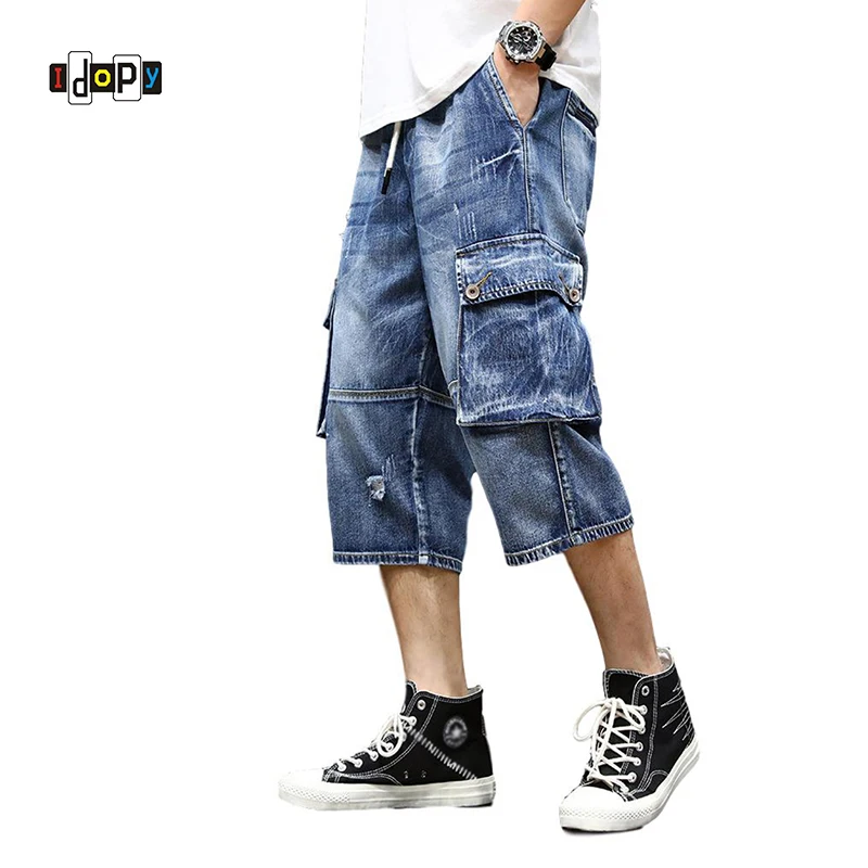 

Idopy Men`s Denim Cargo Shorts Elastic Waist Drawstring Multi-Pockets Ripped Street Style Hip Hop Jeans Short Pants For Male