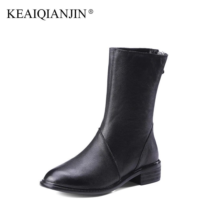 KEAIQIANJIN Woman Martens Boots Black Autumn Winter Ankle Boots Fashion Genuine Leather Shoes Zipper Punk Motorcycle Boots 2017