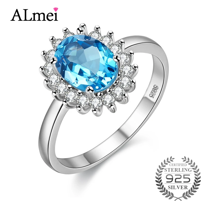 

Almei 1ct Blue Gemstone Rings for Women Topa 925 Sterling Silver Fine Jewelry Natural Stones Ring Jewelry with Box 40%FJ089