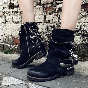 

Prova Perfetto Black Rivets Studded Ankle Boots for Women Punk Style Autumn High Boots Genuine Leather Platform Rubber Flat Boot