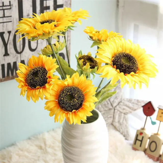 1 Bouquet 3 Kepala Bunga Palsu Bunga Matahari Bunga Motif Bunga