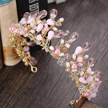 Trendy Pink Crystal Crown Tiaras Princess Wedding Headpiece Hair Jewelry Baroque Crown for Bride Girl Rhinestone