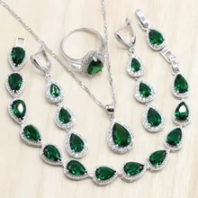 925 пробы серебряные Ювелирные наборы зеленый кубический длинные серьги из циркония/кулон/цепочки и ожерелья/кольцо браслет в форме сердца для женщи