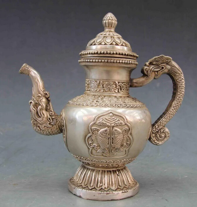 

Collectible bronze lion statue S0645 Tibet White Copper Copper Silver Two Fish Dragon Flagon Kettle Teapot wine pot B0403