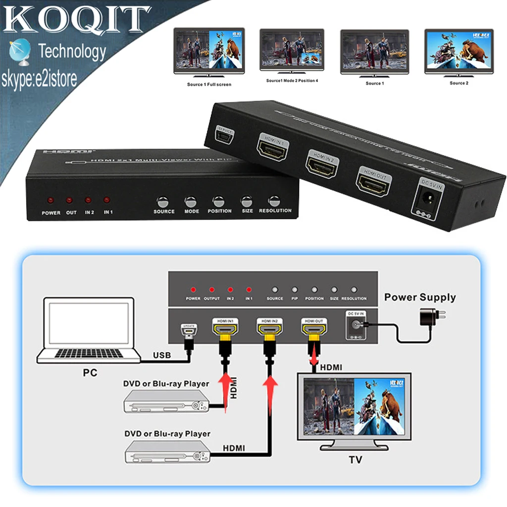 

HDS-821P HDMI 2X1 Seamless Switch Picture Division PIP POP Multi Viewer 2 Port Converter 4 Mode HDMI All Show One HDTV Display
