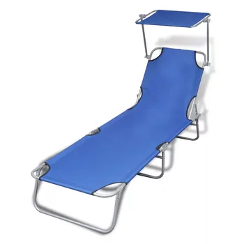 

VidaXL Foldable Chaise Lounge With Adjustable Awning Steel Blue And Black Fabric Outdoor Lounge Chair