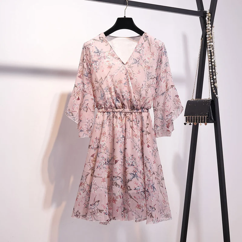 

Women Bohemian Print Mini Dress Butterfly Sleeve V-Neck Empire Beach Dress Casual Elastic Waist Chiffon A-Line Cute Clothing