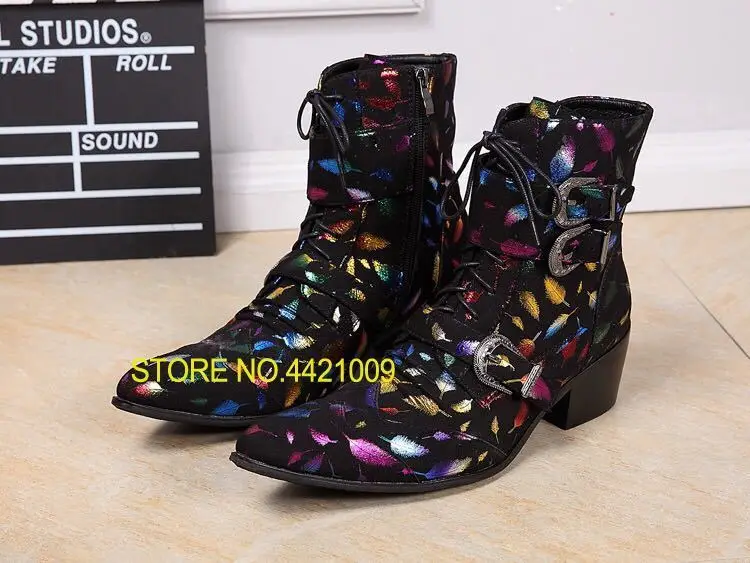 

2018 Multi Colorful Feathers Print Pointed Toe Ankle Boots Men Front Lace Up Metal Buckle Boots Med Heel Mens Leather Shoes Boot