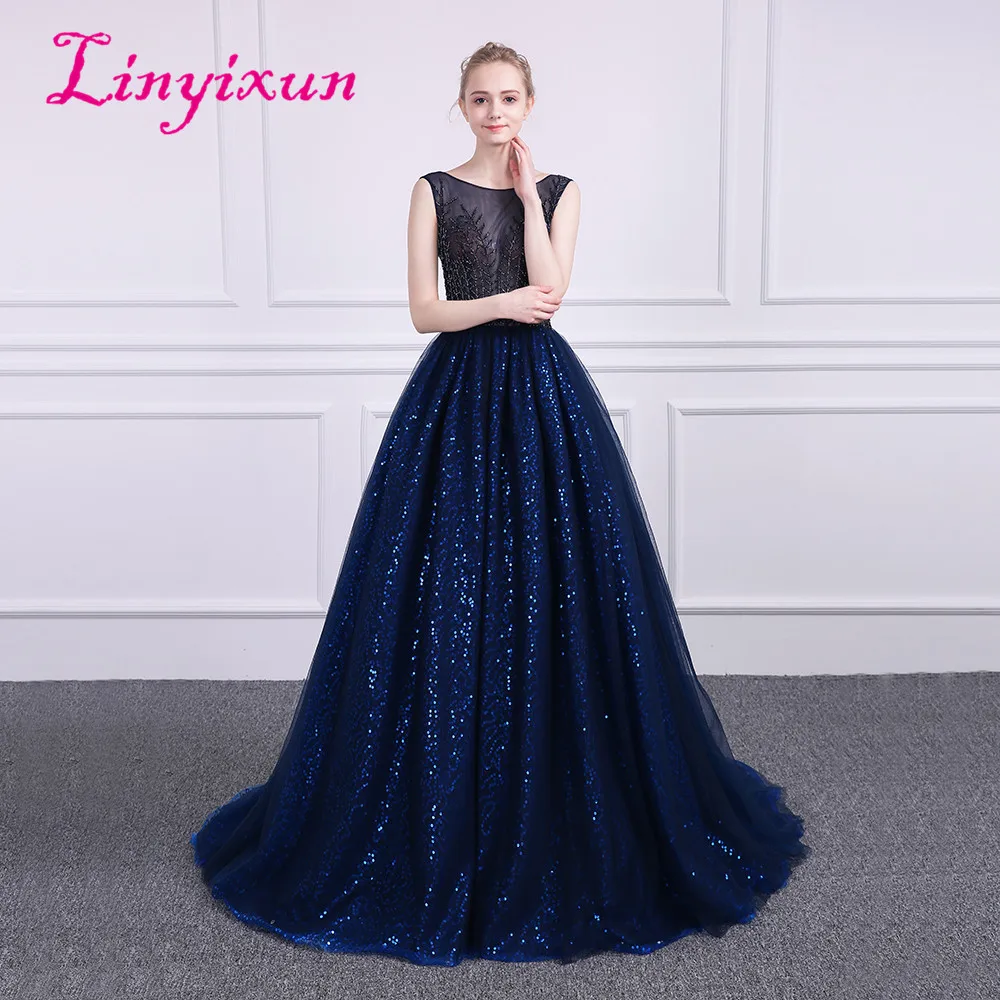 Linyixun Bling Иллюзия Элегантные линии Выпускные платья 2018 Совок спинки без рукавов Vestido De Festa от Вечерние платья