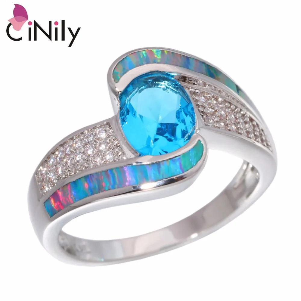 CiNily Created Rainbow Fire Opal Blue Stone Cubic Zirconia Silver Plated Wholesale HOT for Women Jewelry Ring Size 6-9 OJ9257