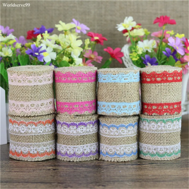 2016 Colorful Natural Burlap Lace Ribbon 6cm Width Rustic Jute Garland