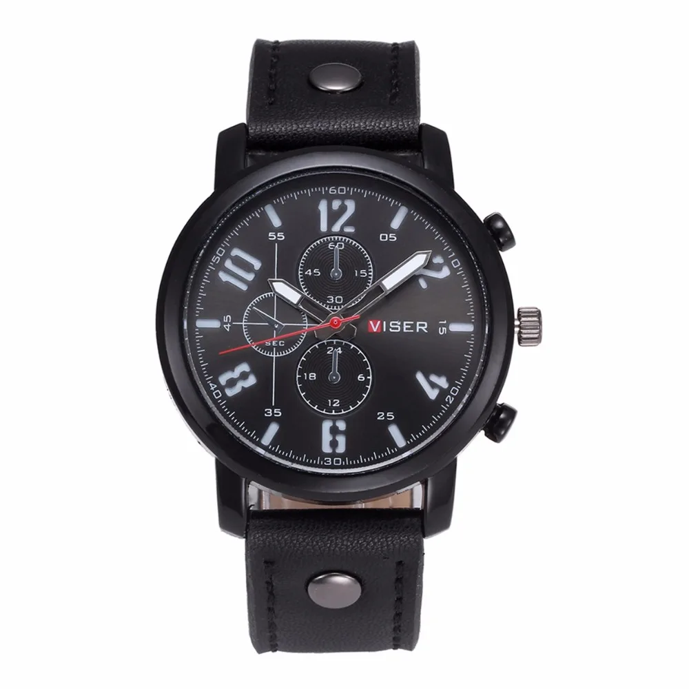 

100pcs/lot viser brand men leather watch big round dial three eyes sport casual watch wrap quartz charming wristwatch