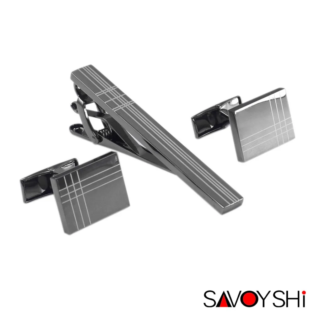 SAVOYSHI Classic Square Black Laser Stripe Bussiness Mens Cufflinks Tie Clips Set High Quality Necktie Pin Tie Bars Clip Clasp