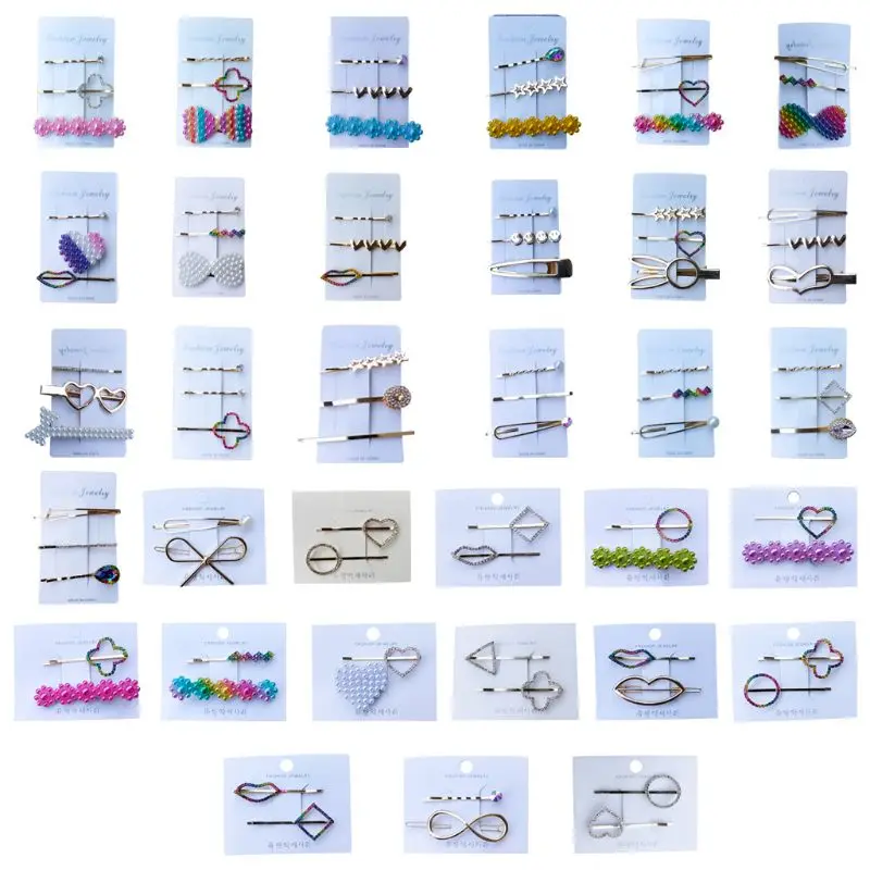 

Women Birthday Wedding Hair Accessories Candy Colorful Imitation Pearl Flower Hair Clip Geometric Smile Face Heart Metal Hairpin