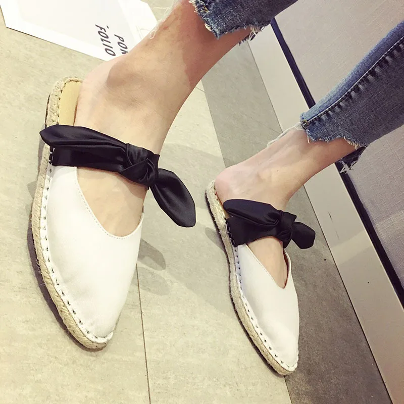 

Low Woman Shoes Luxury Flat Slippers Butterfly-knot Pointed Toe Slides Flock Designer Cover Sliders Cotton Fabric Basic
