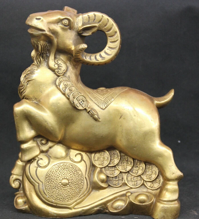 

USPS to USA S2008 10" Chinese Fengshui Folk Brass Zodiac Year Sheep Ru Yi Goat Wealth Money Statue B0401