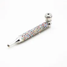 1PC Cinta Merokok Wanita Hadiah Colorfull Diamond Merokok Pipa Logam Lurus Perak Pipa Hookah Portable Herbal Rumput Tembakau Pipa(China)