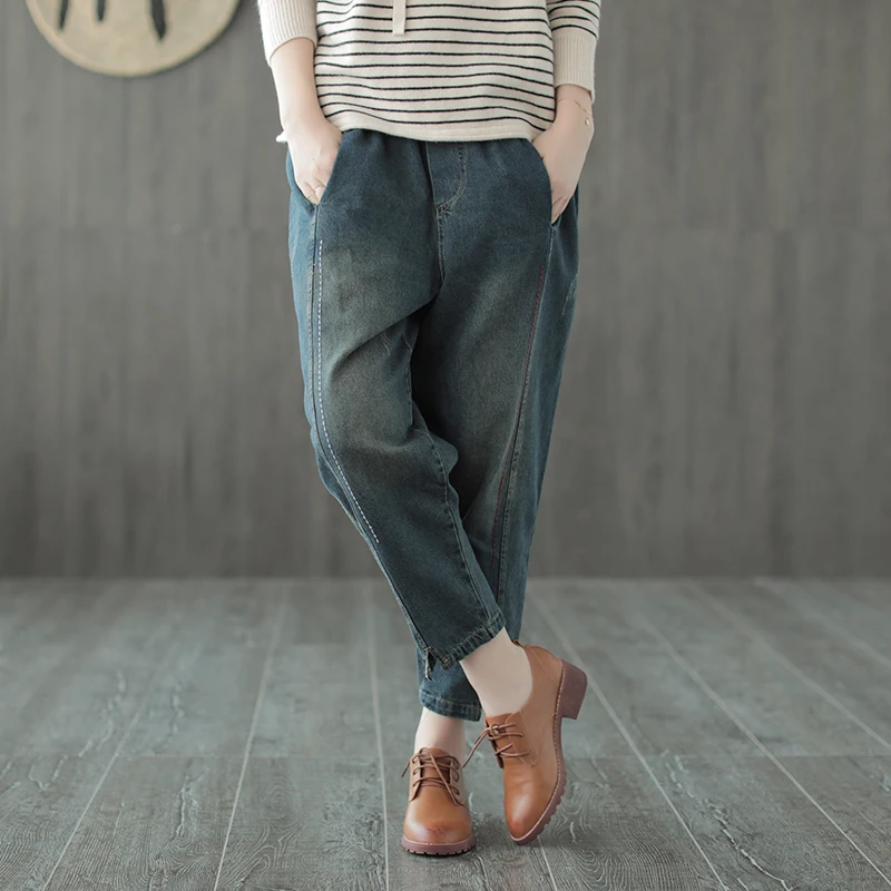 

Autumn Jeans Women Fashion Loose Denim Trousers New Elastic Waist Spliced Bleached pocket Blended Female Casual Denim Pants