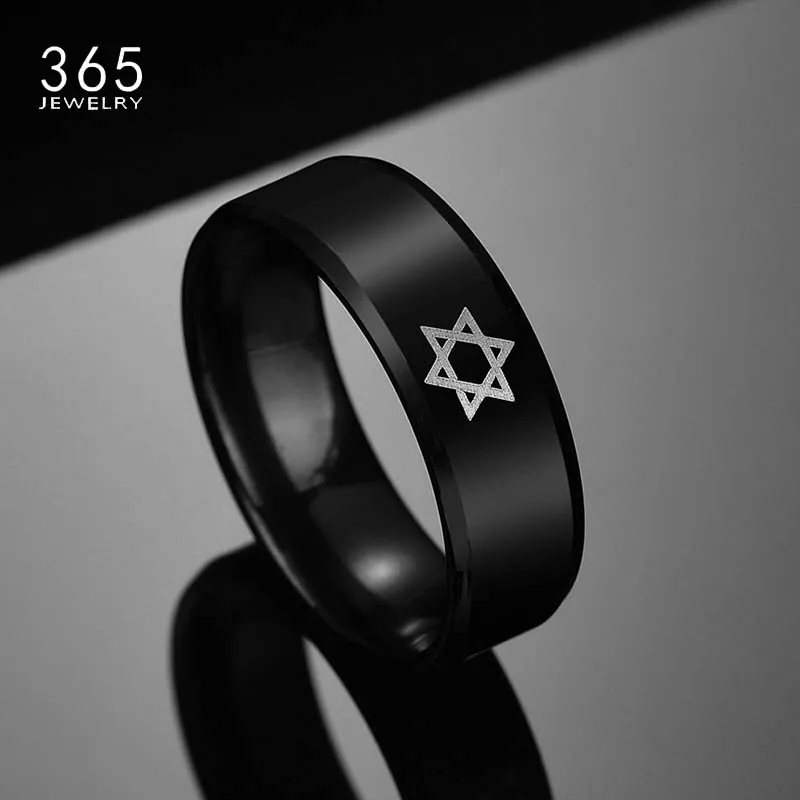 

8MM Wide Titanium Steel Engraved Star Logo Simple Ring Black Color Charm Men Signet Ring Drop Shipping