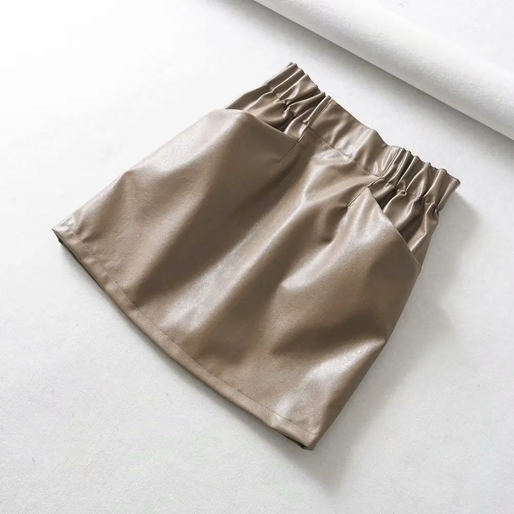 Women Skirts Above Knee Mini Women's double pocket elastic waist PU Faux leather skirt Jupe Femme Faldas Mujer